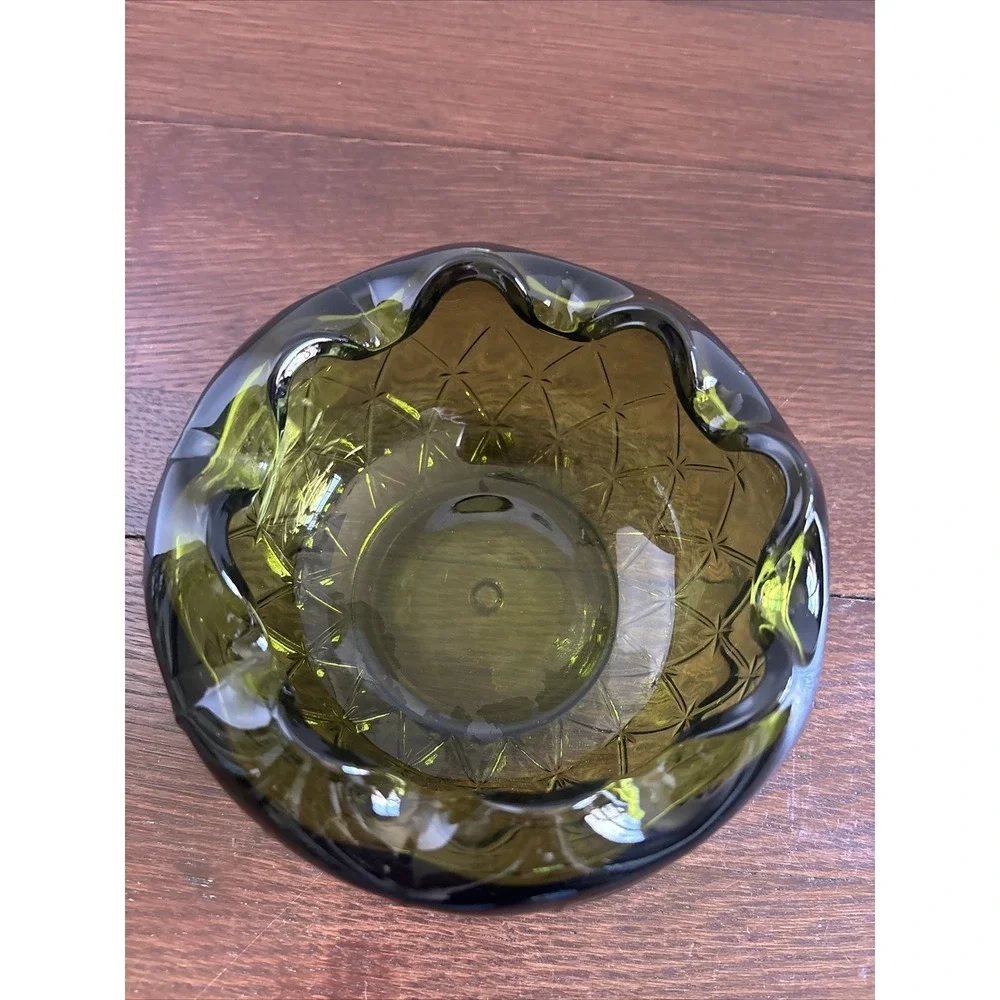 VTG‎ Green Indiana Glass Bowl /Dish Duette Diamond Quilted